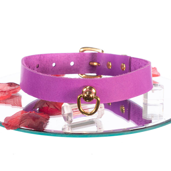 SiaLinda: Halsband Vacchetta Leder aus Italien violett purple, goldener O-Ring, Premium, Geschenkverpackung - SiaLinda.com