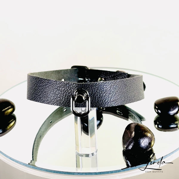 SiaLinda: Halsband Ziegennappa dunkelgrau, feinstes italienisches Leder, pur, mit Kristall oder mit O-Ring - SiaLinda.com