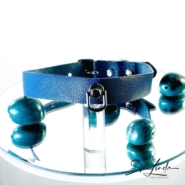SiaLinda: Halsband Ziegennappa petrol blau grün, feinstes italienisches Leder, pur, mit Kristall oder mit O-Ring - SiaLinda.com