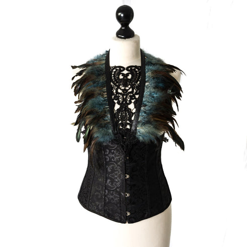 SiaLinda: Harness Zaha blau grau, mit Federn, schwarzer Spitze und Hämatitperlen - SiaLinda.com