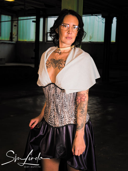 SiaLinda: Unterbrust Korsett Piuma , schwarz grau braun Federmuster Premiumkollektion - SiaLinda.com