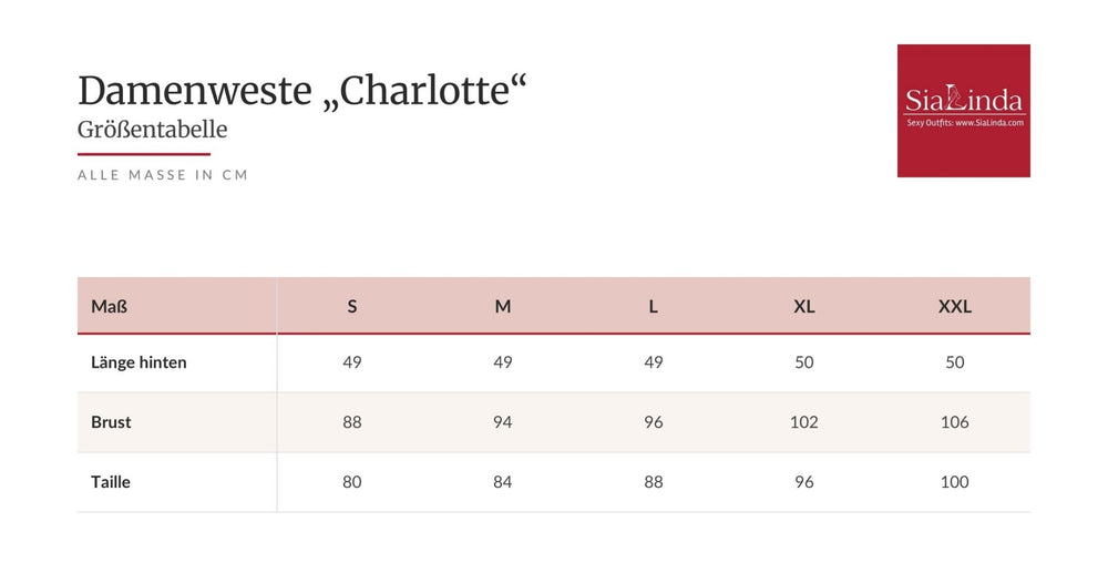 Größentabelle Damenweste Charlotte: Länge hinten, Brust und Taille in cm, Größen S bis XXL