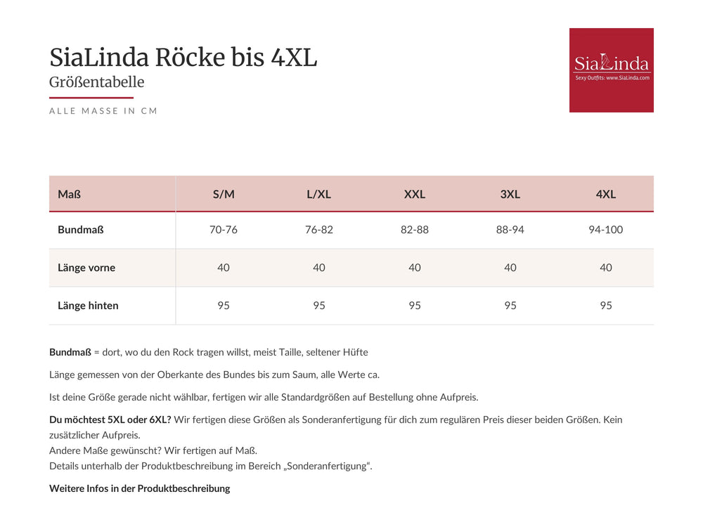 Größentabelle SiaLinda Röcke bis 4XL: Bundmaß, Länge vorne und Länge hinten in cm, Größen S/M bis 4XL