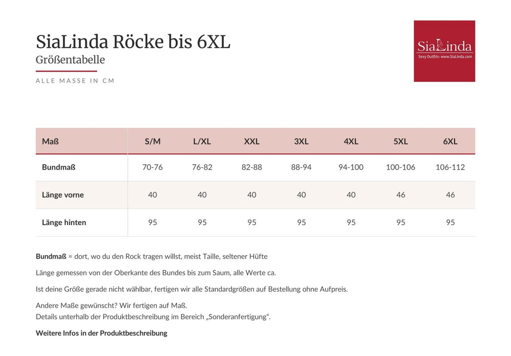 Größentabelle SiaLinda Röcke bis 6XL: Bundmaß, Länge vorne und Länge hinten in cm, Größen S/M bis 6XL