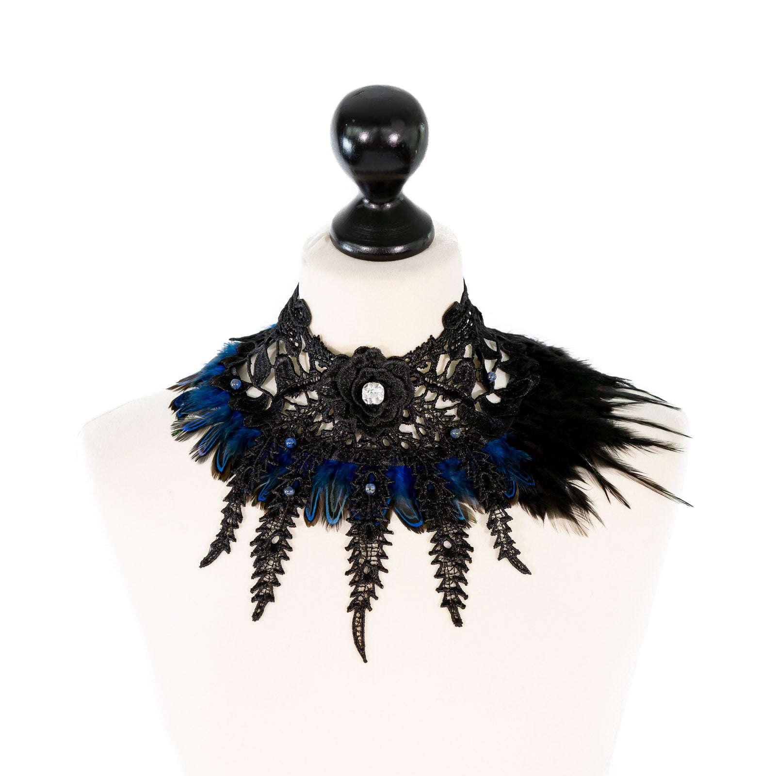 SiaLinda: Chest jewellery necklace Marie, blue and black feathers, crystal, semi-precious stone lapis lazuli