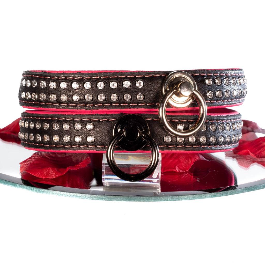 SiaLinda: Halsband echtes Elch Leder mit Strass pink schwarz, gr. O-Ring, 20mm breit - SiaLinda.com