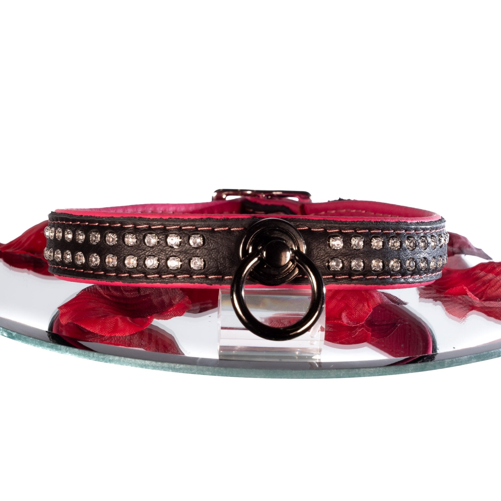 SiaLinda: Halsband echtes Elch Leder mit Strass pink schwarz, gr. O-Ring, 20mm breit