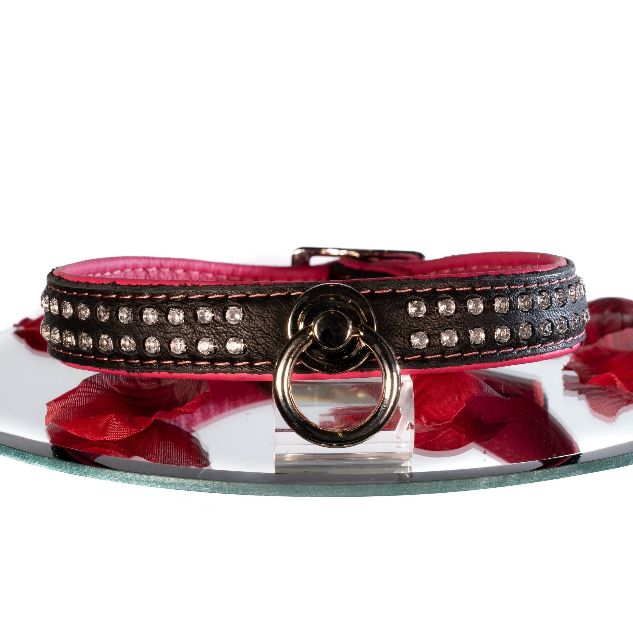 SiaLinda: Collar genuine elk leather with rhinestones pink black, gr. o-ring, 20mm wide