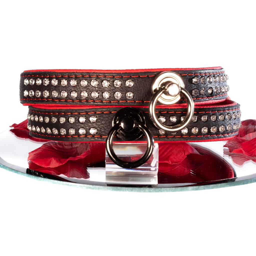 SiaLinda: Halsband echtes Elch Leder mit Strass rot schwarz, gr. O-Ring, 20mm breit - SiaLinda.com